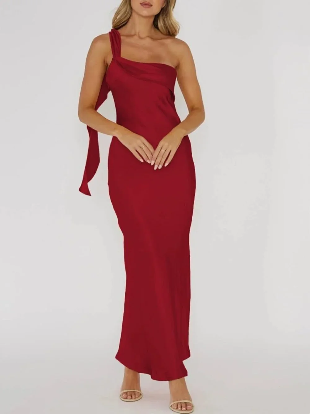 Women's Burgundy Summer Silk Formal Elegant Sleeveless ONE Shoulder Maxi Dress